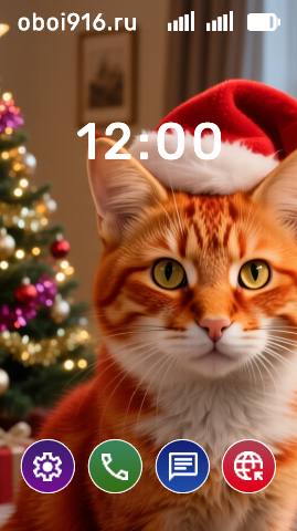 Рыжий кот в новогодней шапке на фоне ёлки