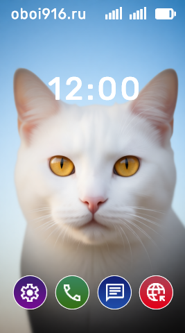 Белая кошка с жёлтыми глазами на голубом фоне